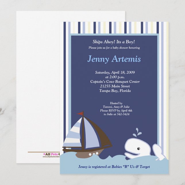 Ahoy Mate Whale Sailboat Boy Nautical Baby Shower Invitation (Front/Back)