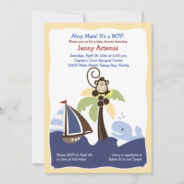 Ahoy Mate Whale, Sailboat & Monkey Invitation 5x7 (Front)