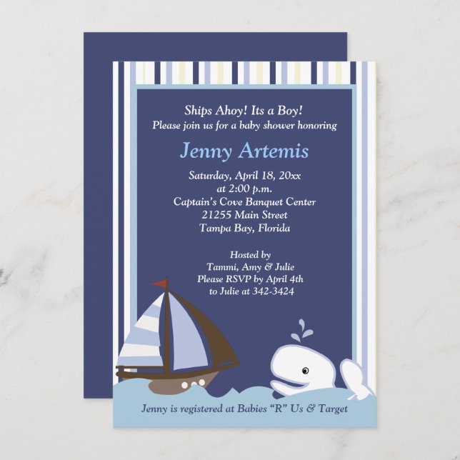 Ahoy Mate White Whale 4x6 Baby Shower Invite (Front/Back)