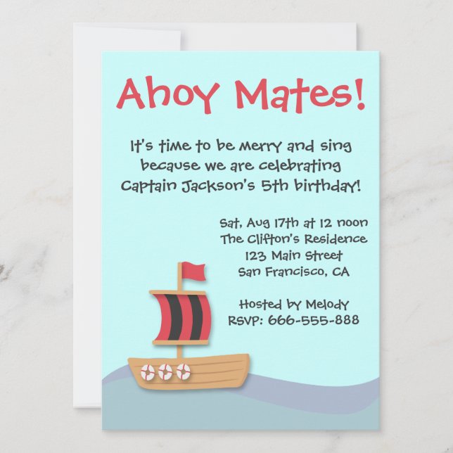 Ahoy Mates Black Red Sail Ship Kids Birthday Party Invitation (Front)
