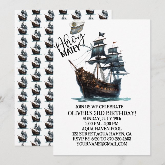 Ahoy Matey! Black Pirate Ship Birthday Invitation (Front/Back)