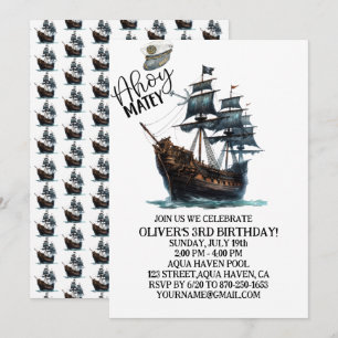 Ahoy Matey! Black Pirate Ship Birthday Invitation