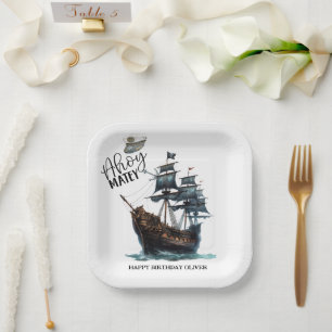 Ahoy Matey! Black Pirate Ship Birthday Paper Plate