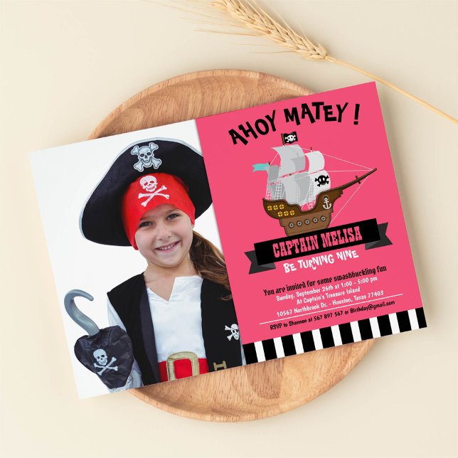 Ahoy Matey! Boat Pink Pirate Birthday Photo Invitation (Creator Uploaded)