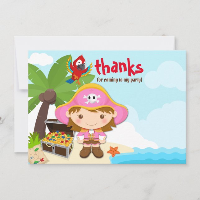 Ahoy Matey! Girl Pink Pirate Birthday Thank You Card (Front)