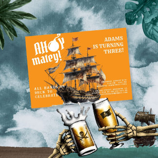 Ahoy Matey! Orange Pirate Ship Birthday Invitation