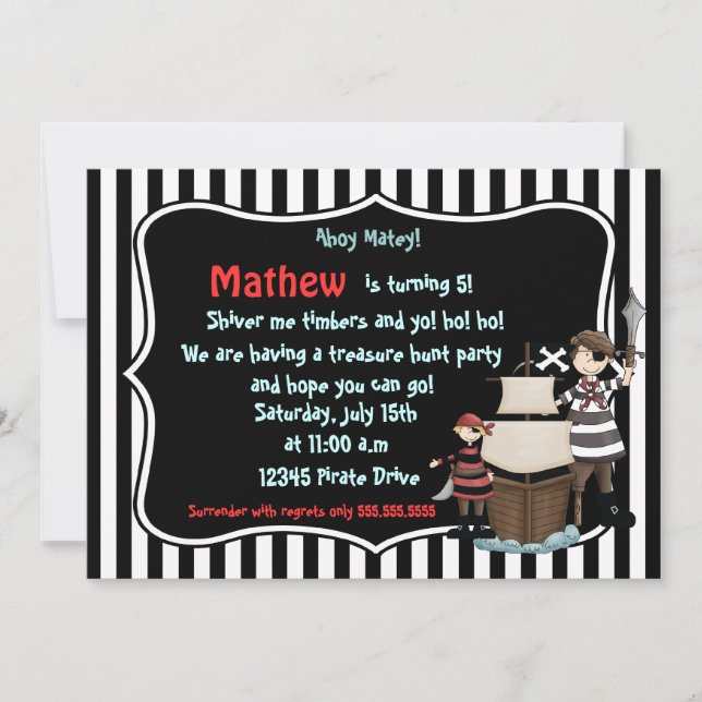 Ahoy Matey -Pirate birthday party invitation-black Invitation (Front)