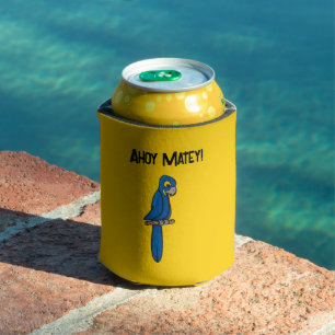 Ahoy Matey Pirate Parrot Cartoon, Funny Macaw Bird Can Cooler