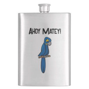 Ahoy Matey Pirate Parrot Cartoon, Funny Macaw Bird Hip Flask