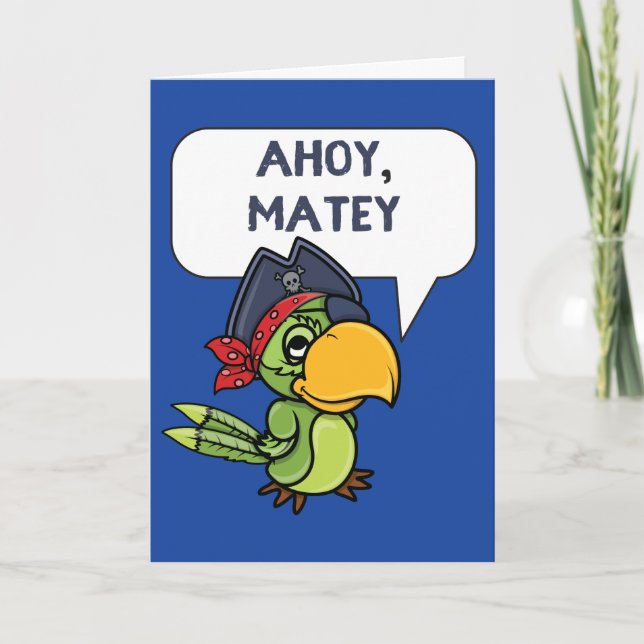 Ahoy Matey Pirate Parrot Cartoon Greeting Card (Front)