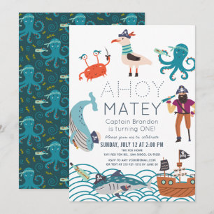 Ahoy Matey Pirate Sea Animals 1st Birthday Invitation