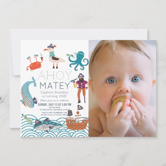 Ahoy Matey Pirate Sea Animals Photo 1st Birthday Invitation (Front)