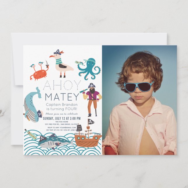 Ahoy Matey Pirate Sea Animals Photo Birthday Invitation (Front)