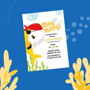 Ahoy Matey! Yellow Shark Pirate Birthday Invitation