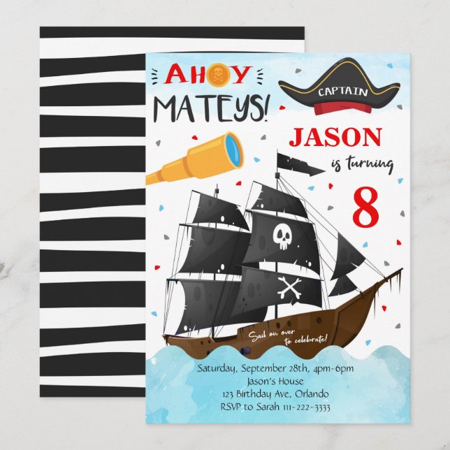 Ahoy Mateys Pirate Birthday Invite (Front/Back)