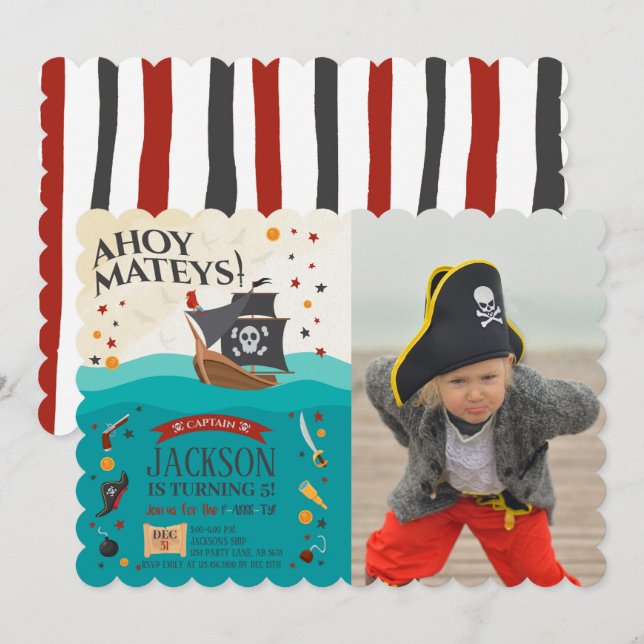 Ahoy Mateys Pirate Birthday Photo Invitation (Front/Back)