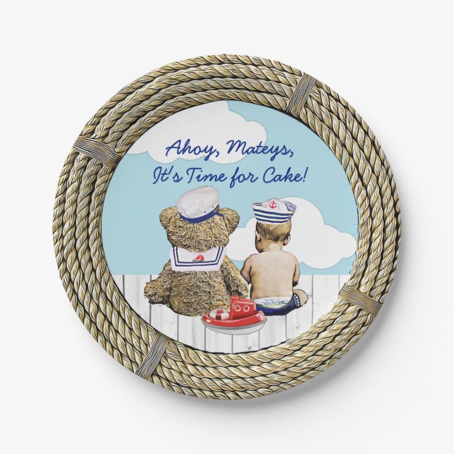 Ahoy, Matyes, Boy's Baby Shower Nautical Paper Plate (Front)