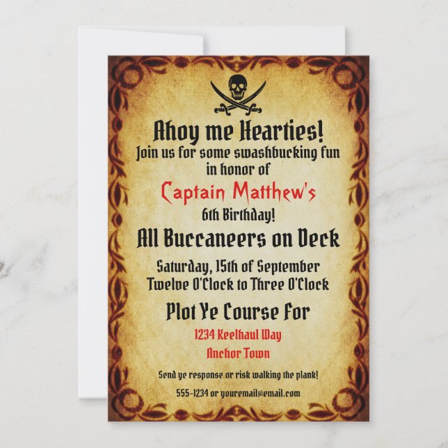 Ahoy Me Hearties Pirate Birthday Party Invitation (Front)