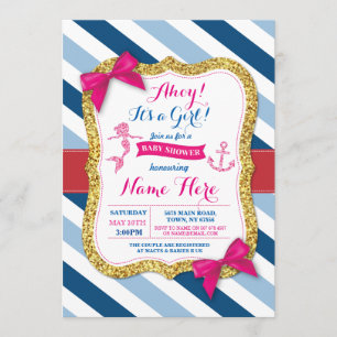 Ahoy Mermaid Baby Shower Pink Bow Invite