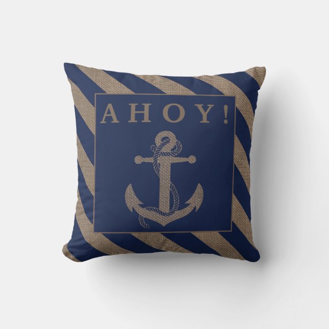 Ahoy! Nautical Anchor Navy Blue & Burlap Stripes Cushion (Front)