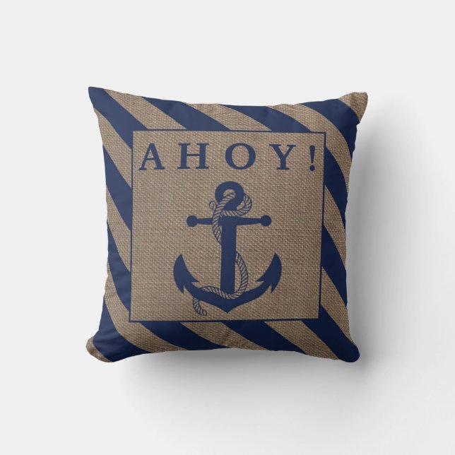 Ahoy! Nautical Anchor Navy Blue & Burlap Stripes Cushion (Front)