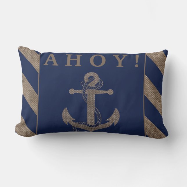 Ahoy! Nautical Anchor Navy Blue & Burlap Stripes Lumbar Cushion (Front)