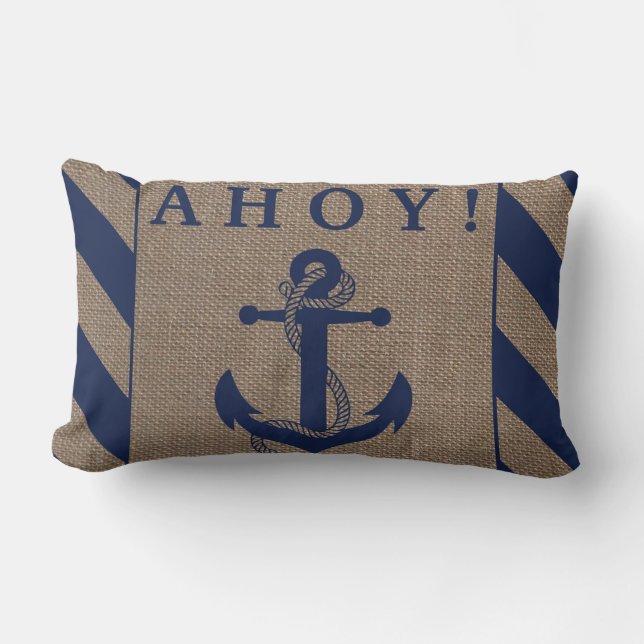 Ahoy! Nautical Anchor Navy Blue & Burlap Stripes Lumbar Cushion (Front)
