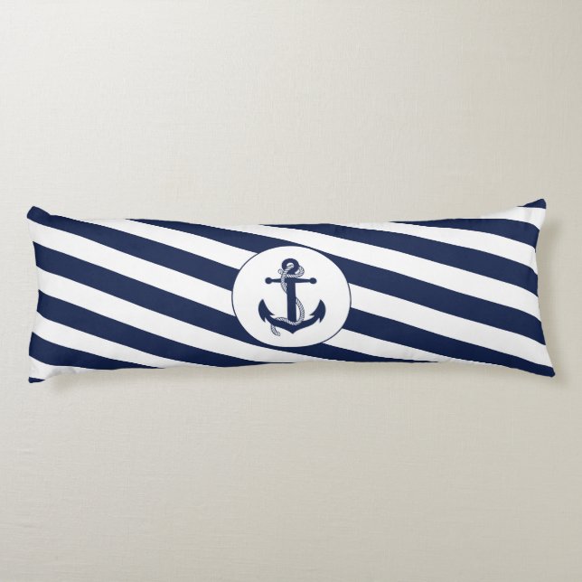 Ahoy! Nautical Anchor Navy Blue & White Stripes Body Cushion (Back)