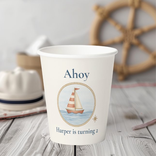Ahoy Nautical Birthday | Blue Sailboat Kids Party Paper Cups (Creator Uploaded)