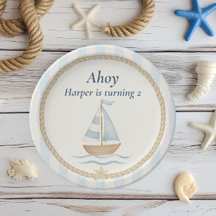 Ahoy Nautical Birthday Blue Sailboat Paper Plate