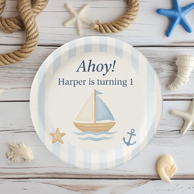 Ahoy Nautical Birthday | Blue Sailboat  Paper Plate (Creator Uploaded)