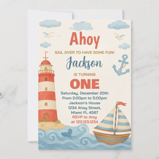 Ahoy! Nautical Birthday Party Invitation (Front)