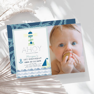 Ahoy Nautical Blue Boy Photo 1st Birthday Invitation