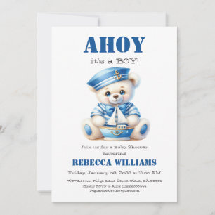 Ahoy Nautical Blue Sailor Bear Boy Baby Shower Invitation