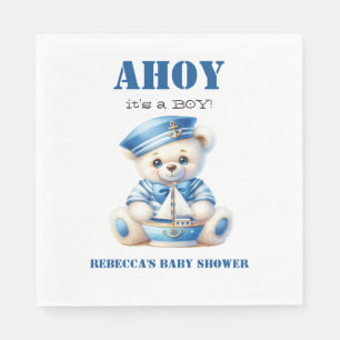 Ahoy Nautical Blue Sailor Bear Boy Baby Shower Napkin