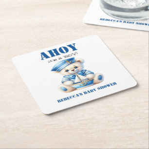 Ahoy Nautical Blue Sailor Bear Boy Baby Shower Square Paper Coaster