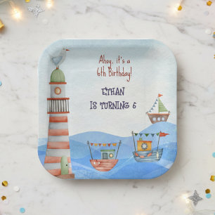 Ahoy  Nautical kids watercolor birthday Paper Plate