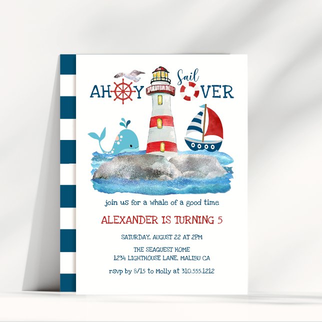Ahoy Nautical Lighthouse Sailboat Whale Birthday Invitation (Creator Uploaded)