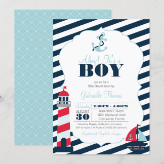 Ahoy Nautical Navy Blue Stripe Boy Baby Shower Invitation