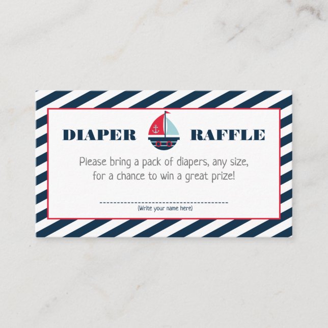 Ahoy Nautical Navy Blue Stripe Boy Diaper Raffle Enclosure Card (Front)