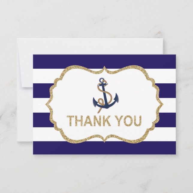 Ahoy Nautical Navy Blue Stripes Thank You Card (Front)