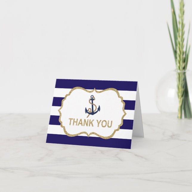 Ahoy Nautical Navy Blue Stripes Thank You Card (Front)