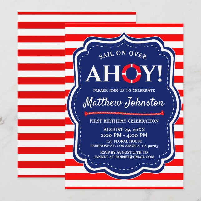 Ahoy Nautical Ocean Navy Blue Coastal Boy Birthday Invitation (Front/Back)