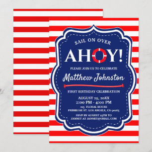Ahoy Nautical Ocean Navy Blue Coastal Boy Birthday Invitation
