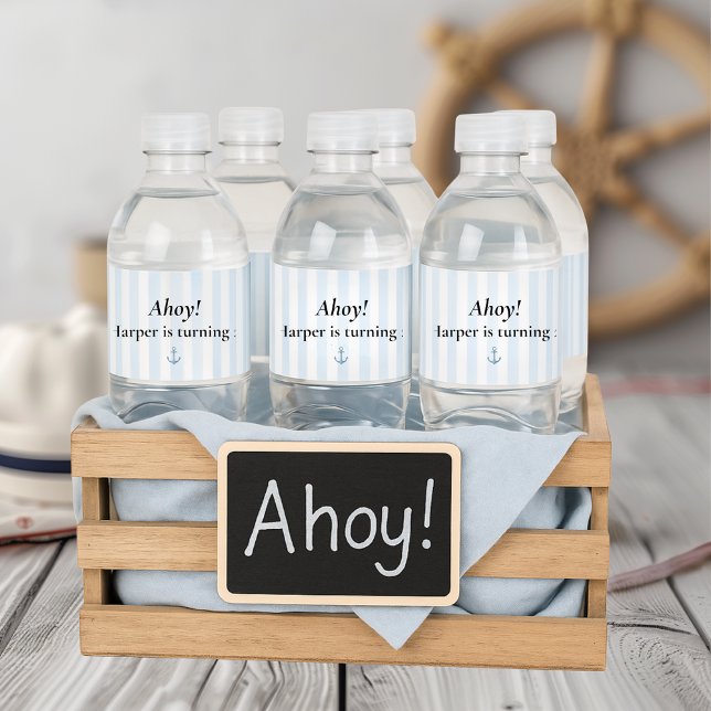 Ahoy Nautical  | Pastel Blue Sailboat Birthday Water Bottle Label (Creator Uploaded)