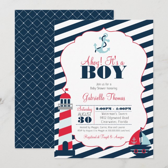 Ahoy Nautical Red Navy Stripe Boy Baby Shower Invitation (Front/Back)