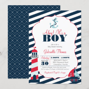 Ahoy Nautical Red Navy Stripe Boy Baby Shower Invitation
