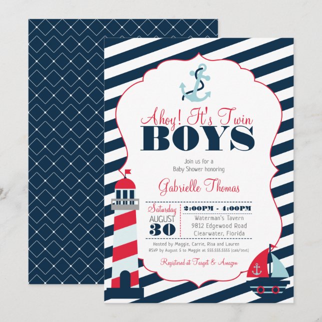 Ahoy Nautical Red Navy Stripe Twin Boy Baby Shower Invitation (Front/Back)