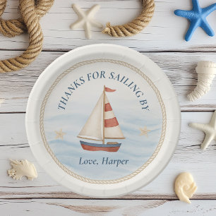 Ahoy Nautical Sailboat Birthday   Blue & Red Paper Plate
