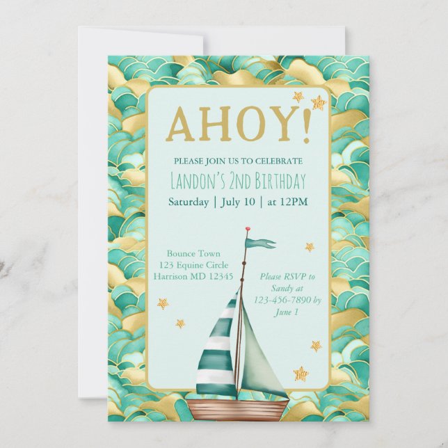 Ahoy Nautical Turquoise and Gold Boat Birthday Invitation (Front)
